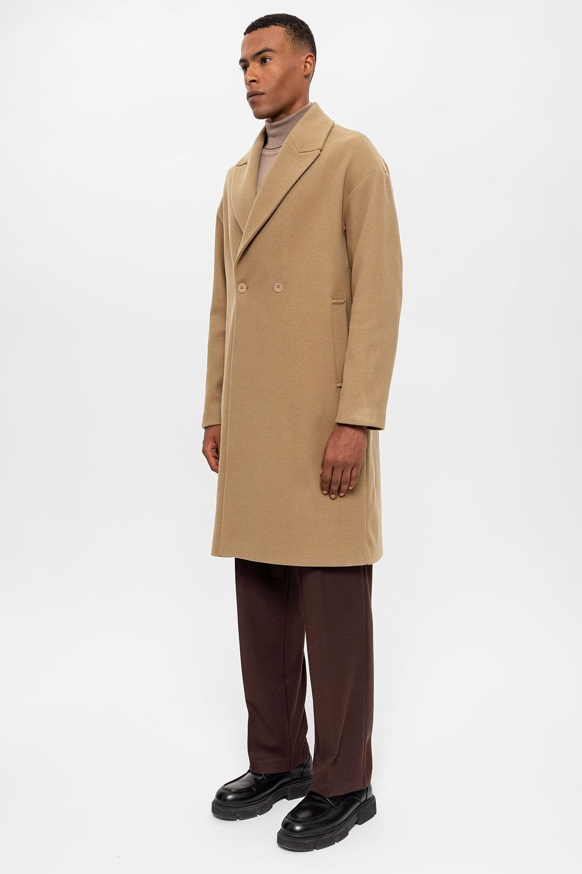Antioch-Koyu Bej Oversize Kruvaze Erkek Kaban-Kaban-5-Milagron.com