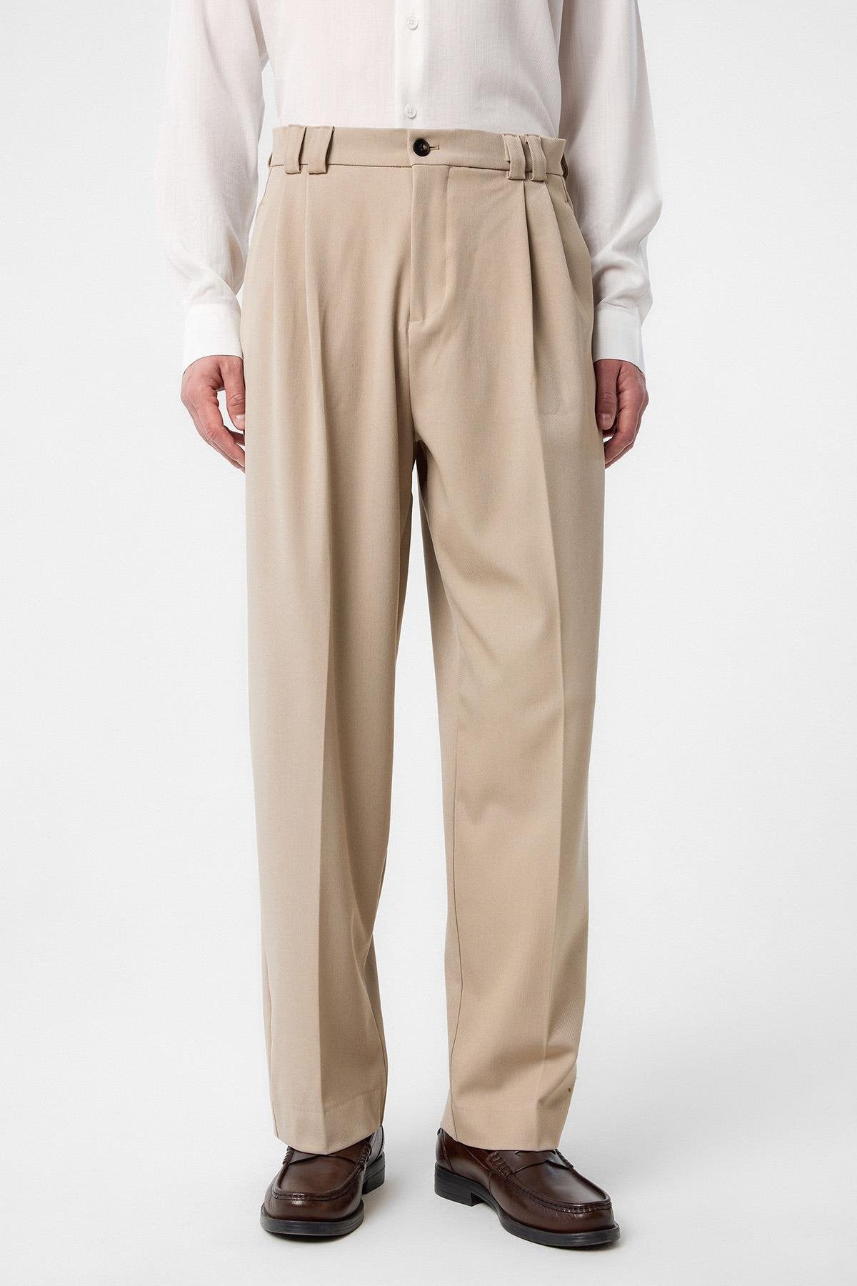 Antioch-Koyu Bej Yüksel Bel Relax Fit Pileli Erkek Pantolon-Kumaş Pantolon-1-Milagron.com