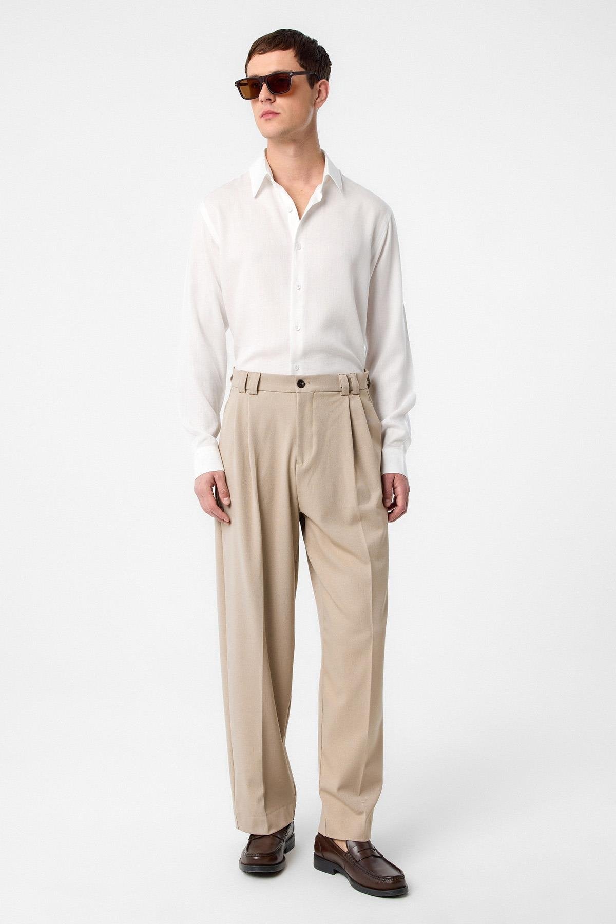 Antioch-Koyu Bej Yüksel Bel Relax Fit Pileli Erkek Pantolon-Kumaş Pantolon-3-Milagron.com