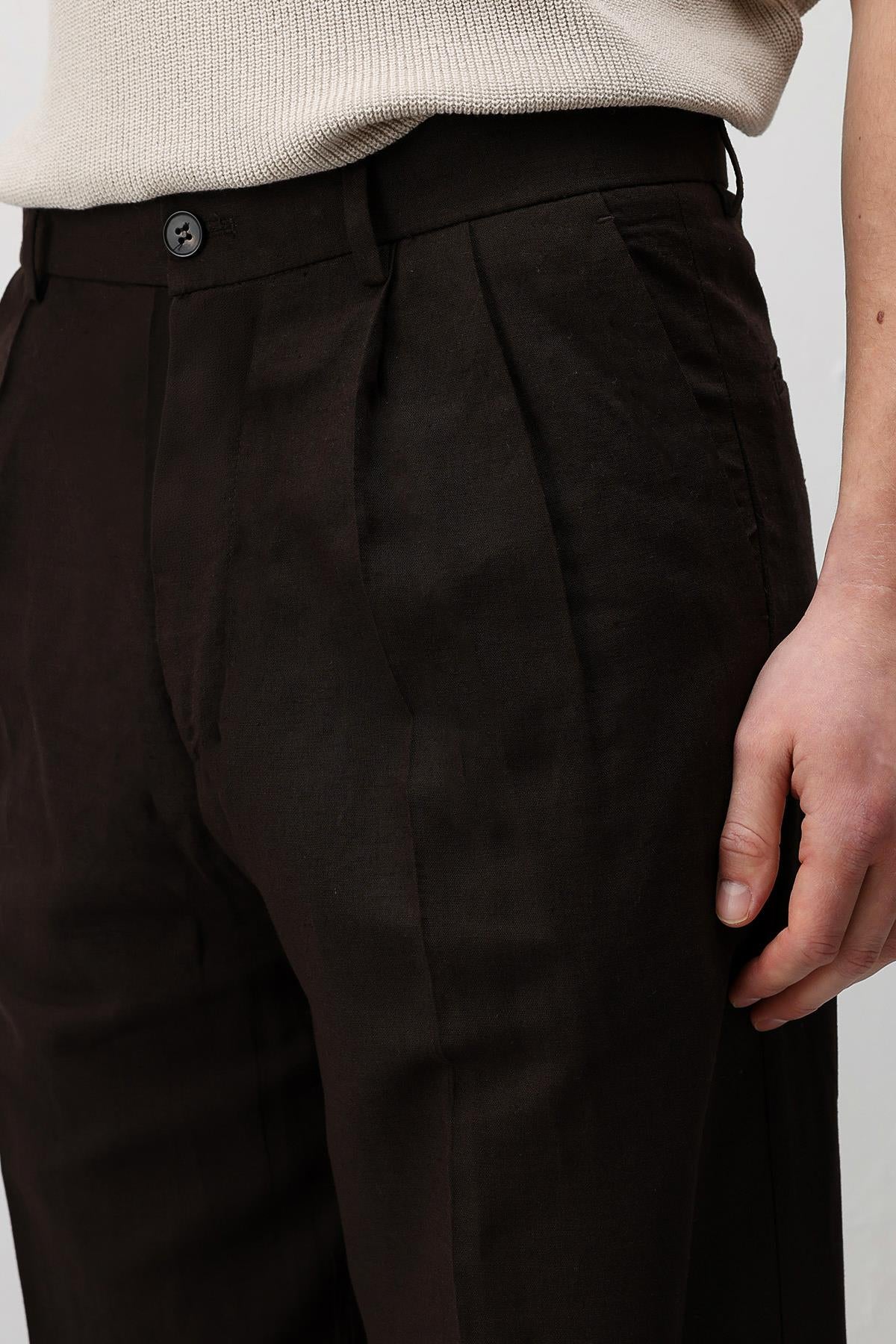 Antioch Koyu Kahve Keten Karışımlı Erkek Baggy Pantolon