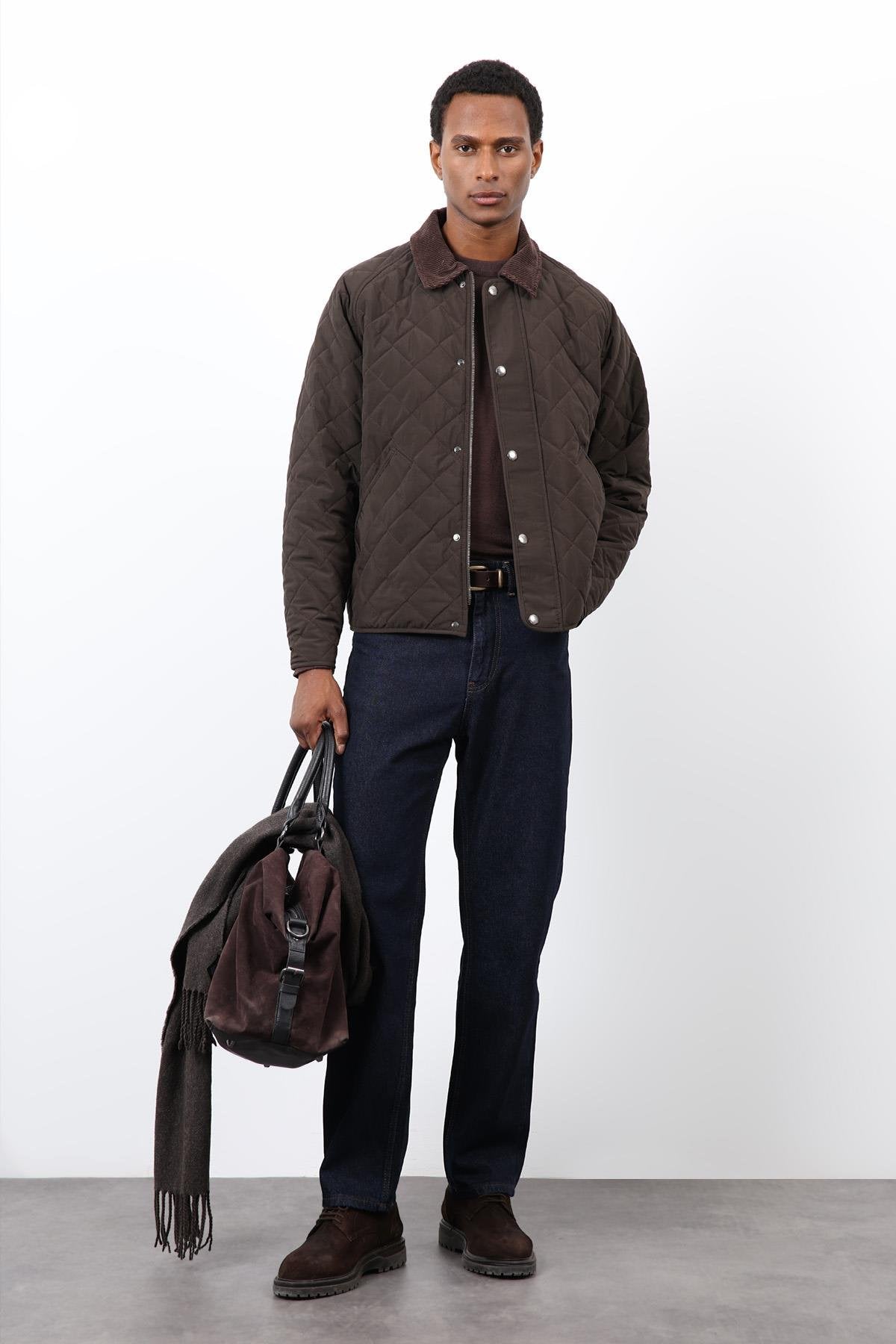 Antioch-Koyu Kahve Kontrast Yaka Baklava Desenli Erkek Mont-Mont-1-Milagron.com