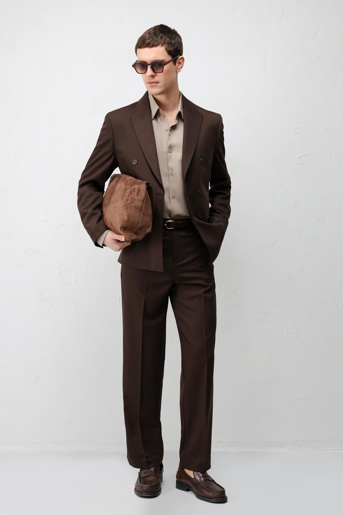Antioch Koyu Kahve Kruvaze Relaxed Fit Erkek Blazer Ceket
