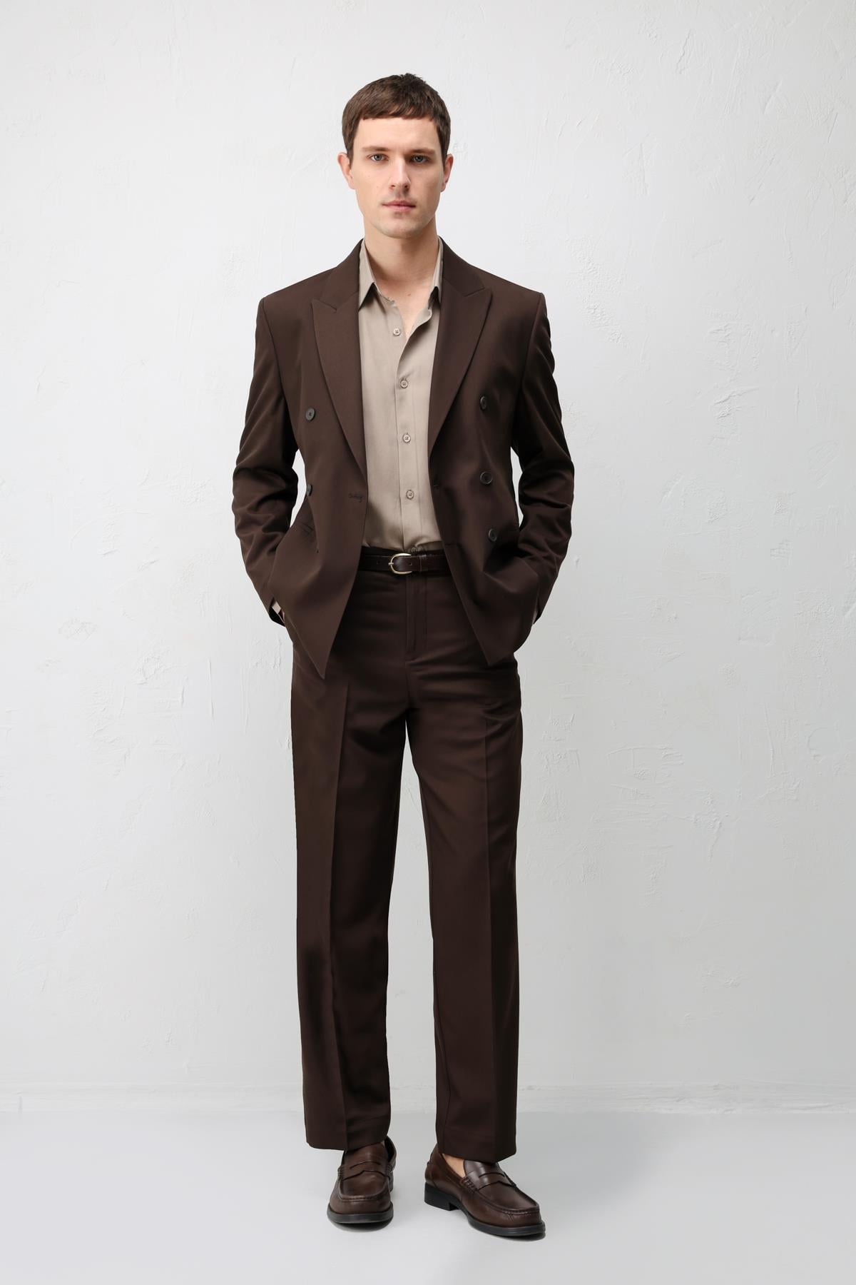 Antioch Koyu Kahve Kruvaze Relaxed Fit Erkek Blazer Ceket