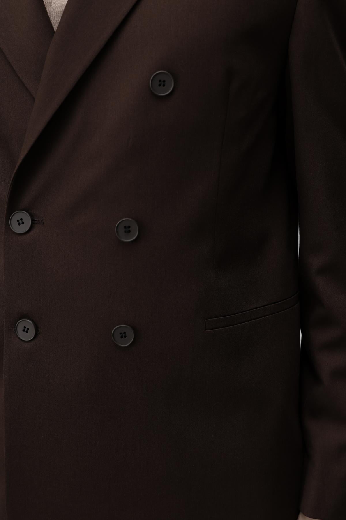 Antioch Koyu Kahve Kruvaze Relaxed Fit Erkek Blazer Ceket