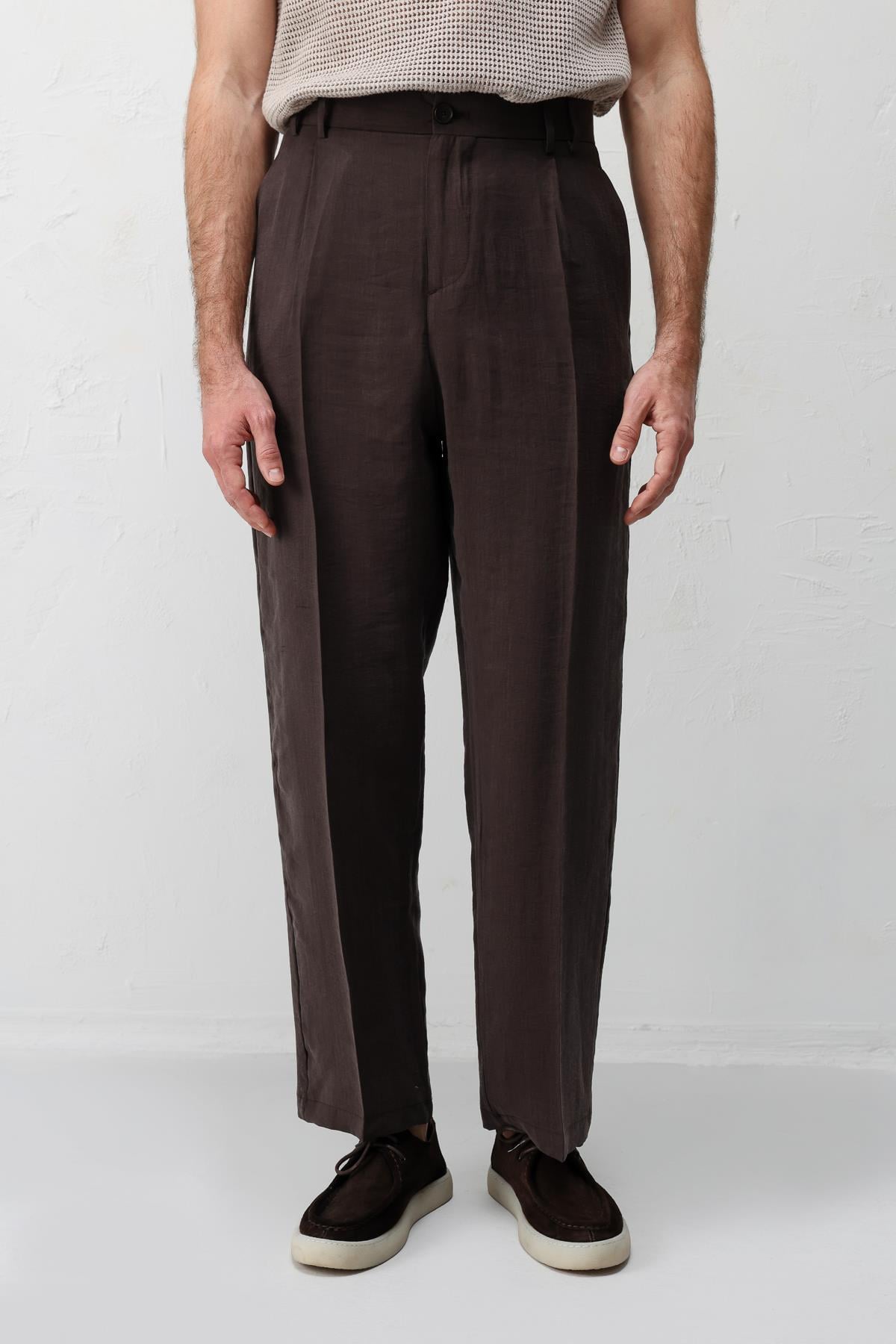 Antioch Koyu Kahve Lyocell Relaxed Fit Pileli Erkek Pantolon