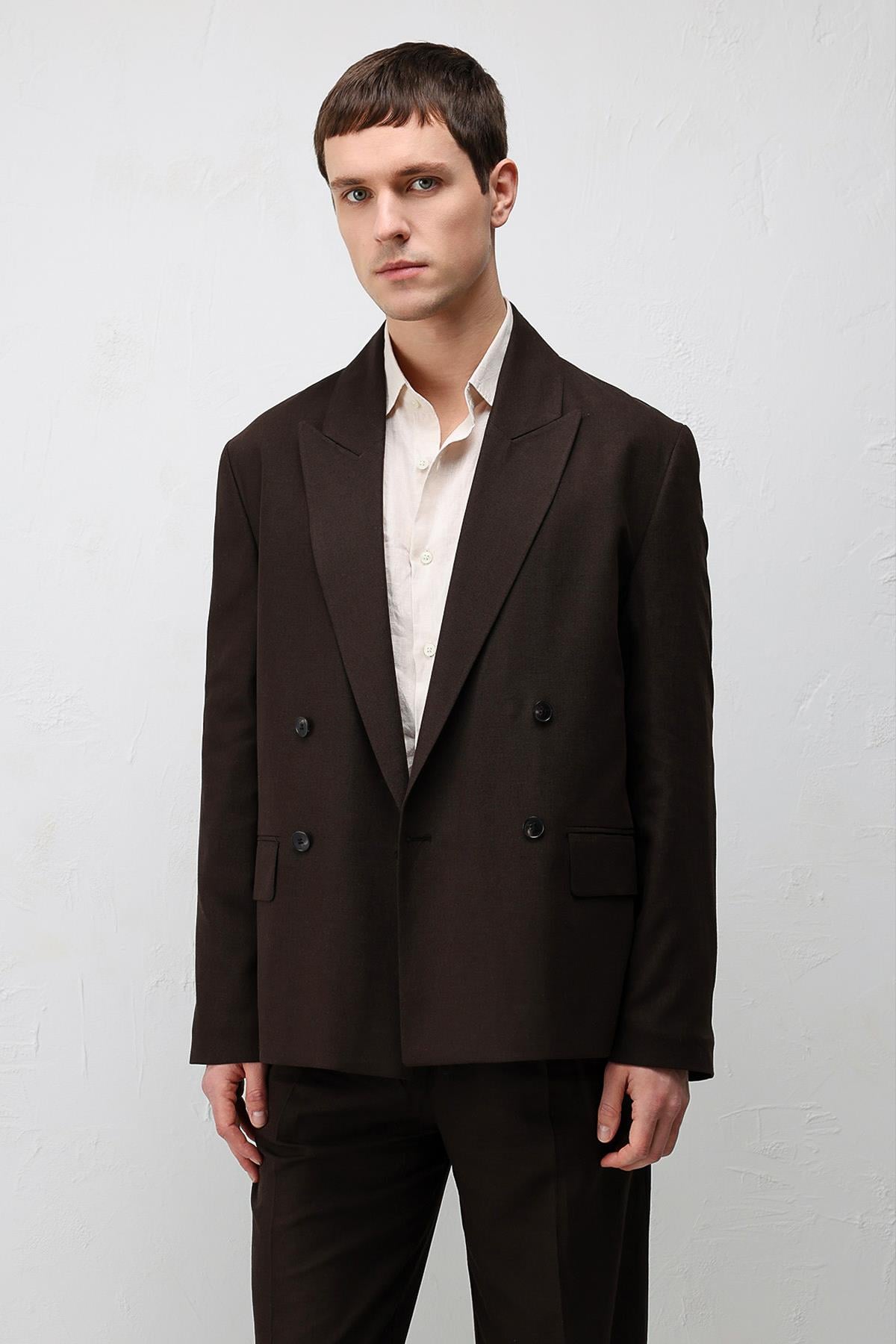 Antioch Koyu Kahve Relax Fit Keten Karışımlı Erkek Blazer Ceket