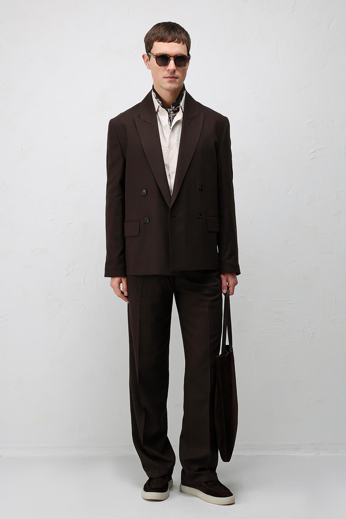 Antioch Koyu Kahve Relax Fit Keten Karışımlı Erkek Blazer Ceket
