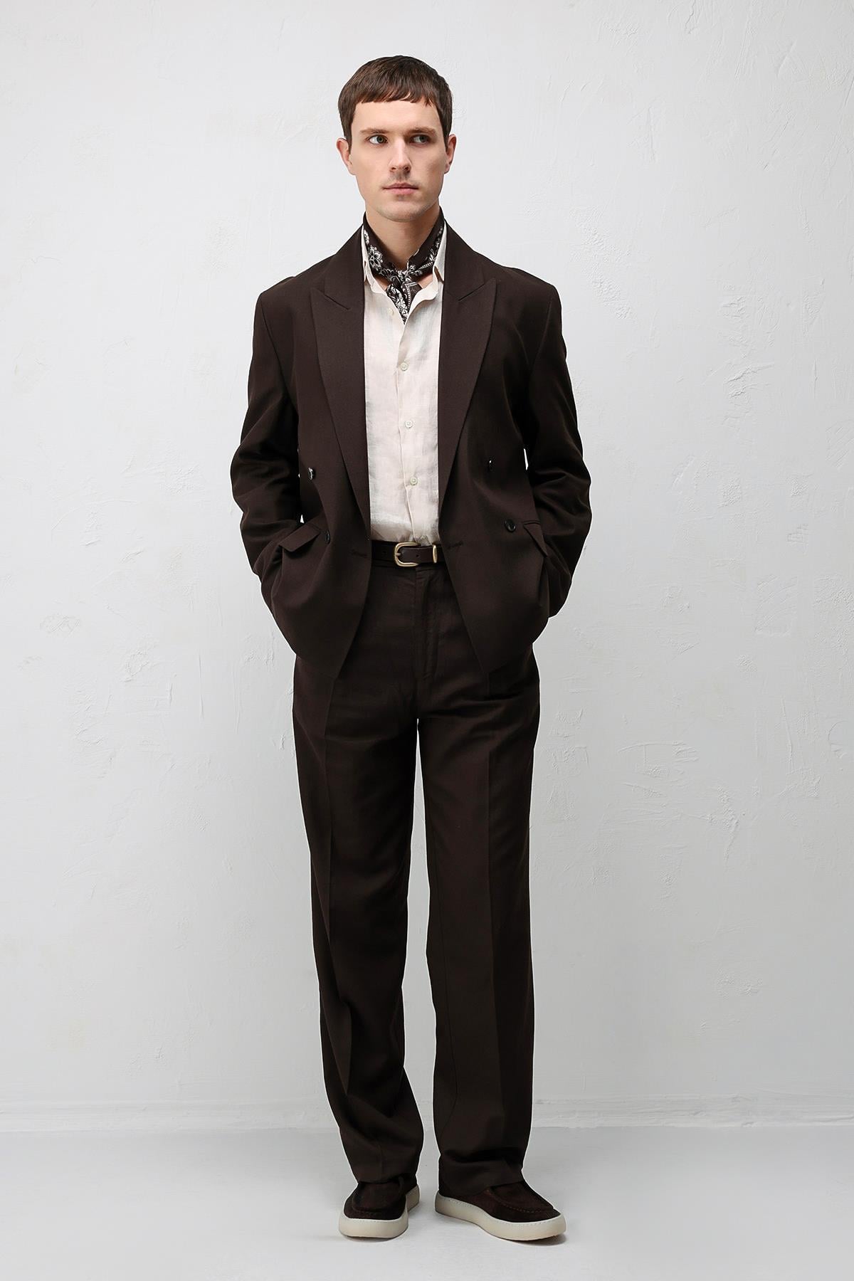 Antioch Koyu Kahve Relax Fit Keten Karışımlı Erkek Blazer Ceket
