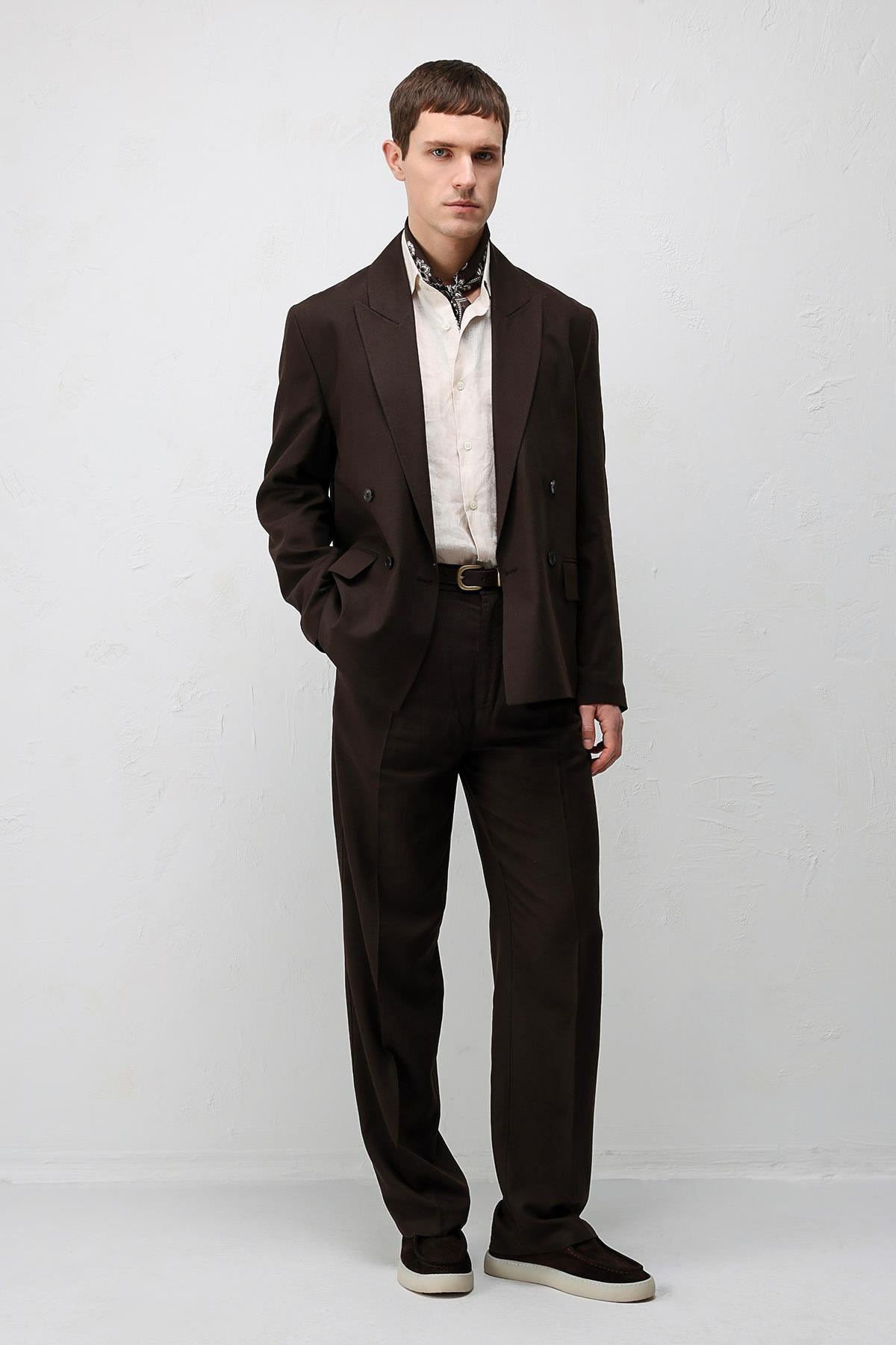 Antioch Koyu Kahve Relax Fit Keten Karışımlı Erkek Blazer Ceket