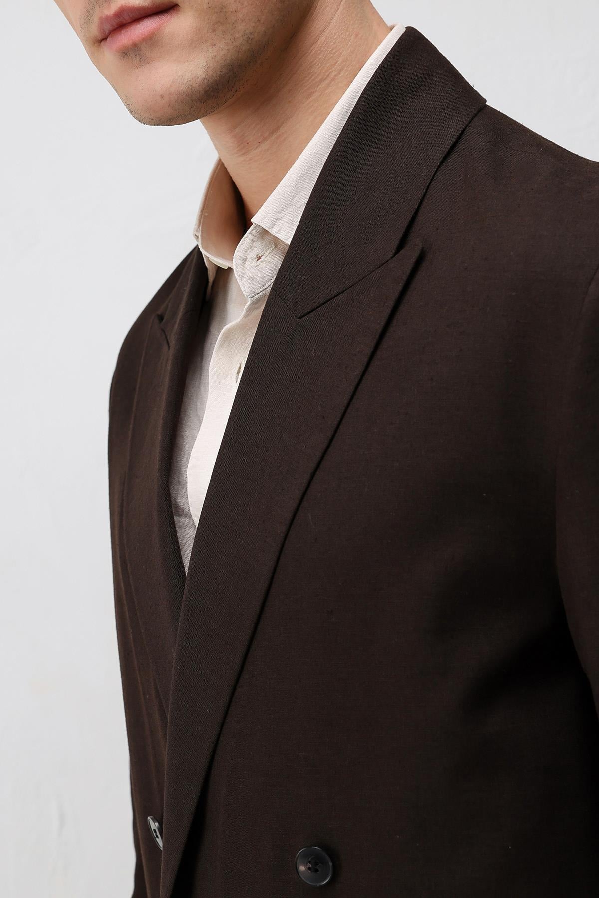 Antioch Koyu Kahve Relax Fit Keten Karışımlı Erkek Blazer Ceket
