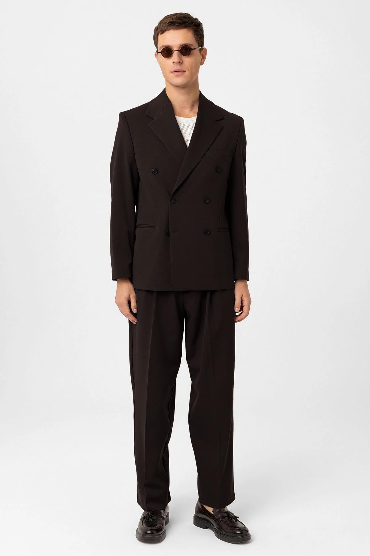 Antioch Koyu Kahve Relax Fit Kruvaze Erkek Blazer Ceket