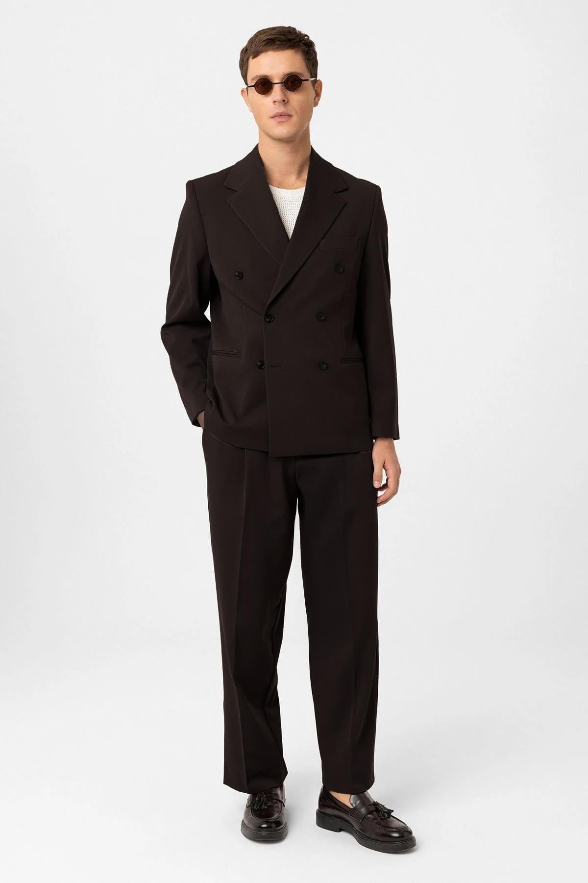 Antioch Koyu Kahve Relax Fit Kruvaze Erkek Blazer Ceket