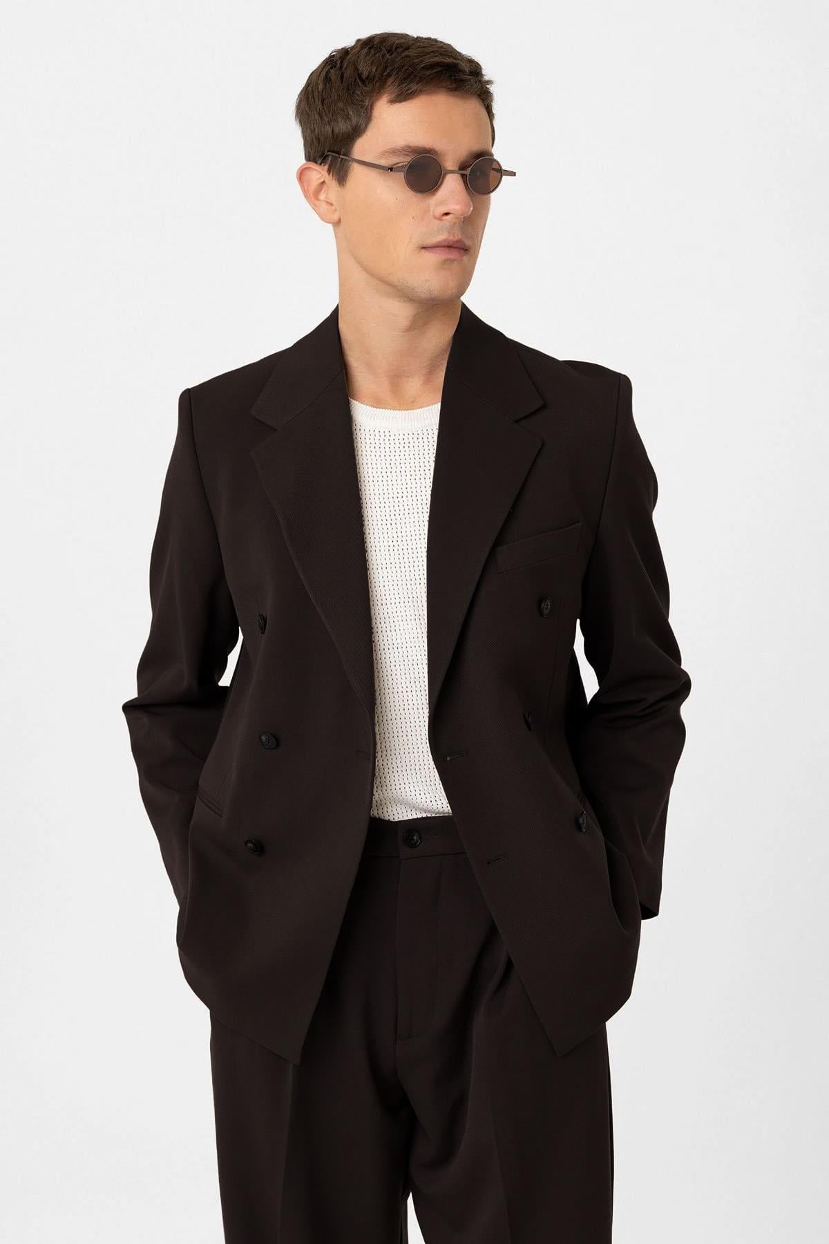 Antioch Koyu Kahve Relax Fit Kruvaze Erkek Blazer Ceket
