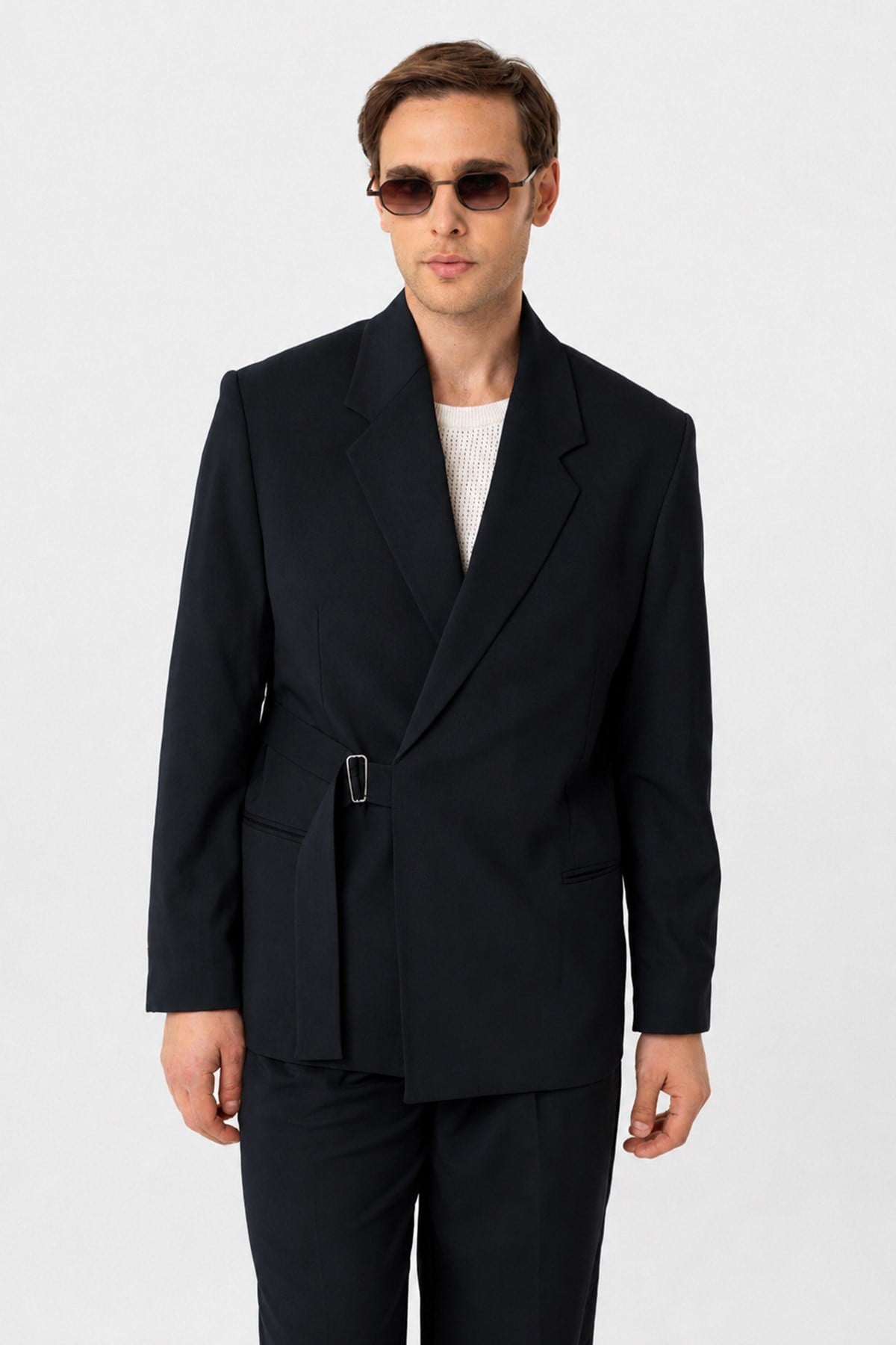 Antioch Koyu Lacivert Kuşaklı Relax Fit Erkek Blazer Ceket