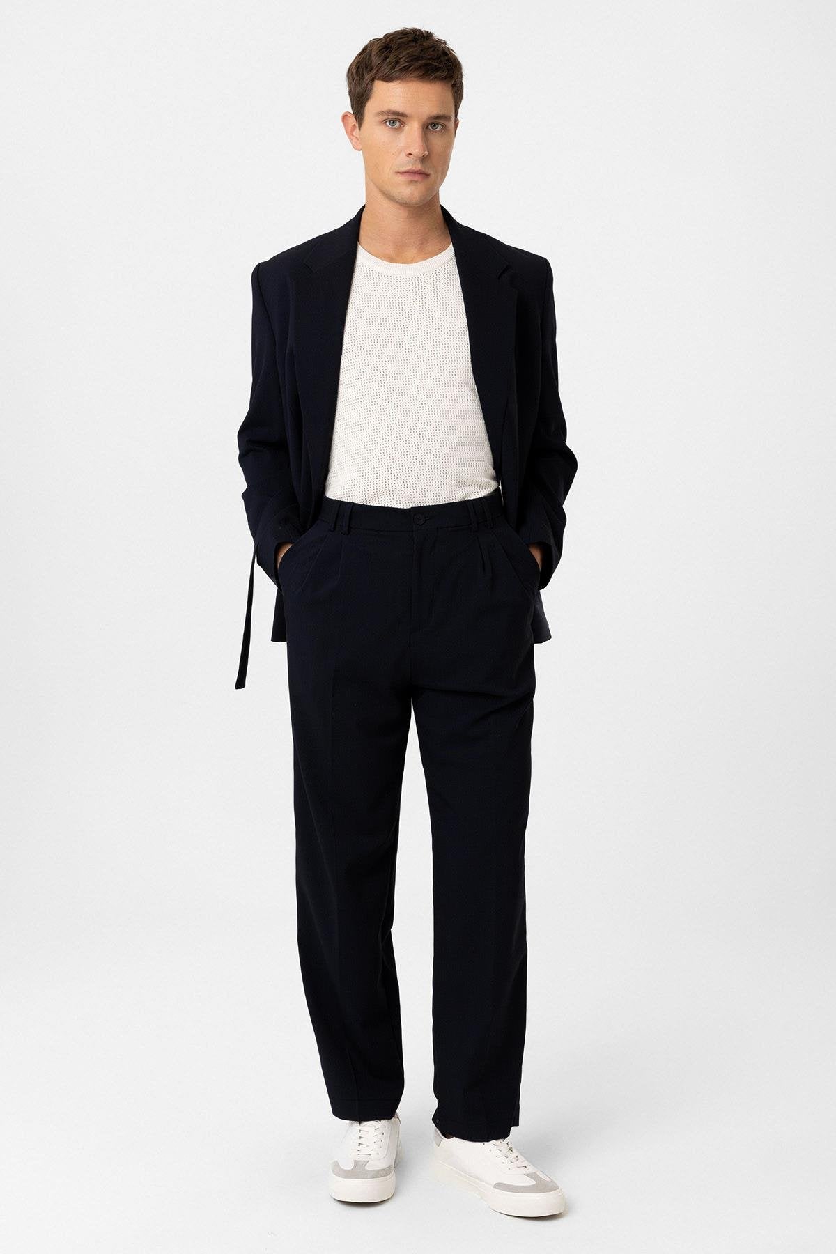 Antioch-Koyu Lacivert çift Pileli Baggy Fit Erkek Pantolon-Kumaş Pantolon-1-Milagron.com