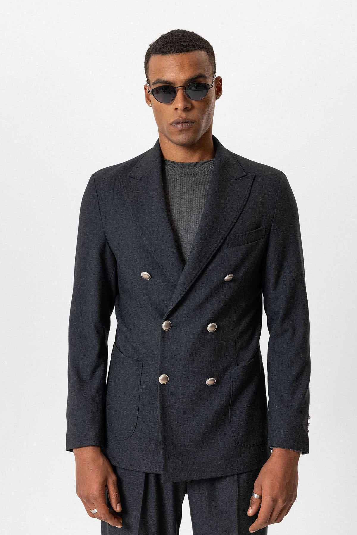 Antioch-Lacivert Astarsız Kruvaze Erkek Blazer Ceket-Ceket-1-Milagron.com