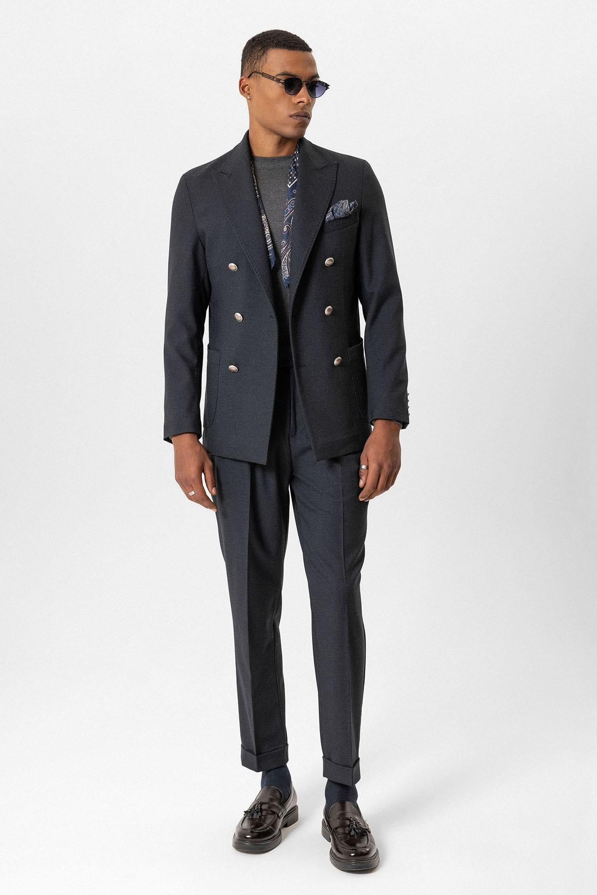 Antioch-Lacivert Astarsız Kruvaze Erkek Blazer Ceket-Ceket-3-Milagron.com