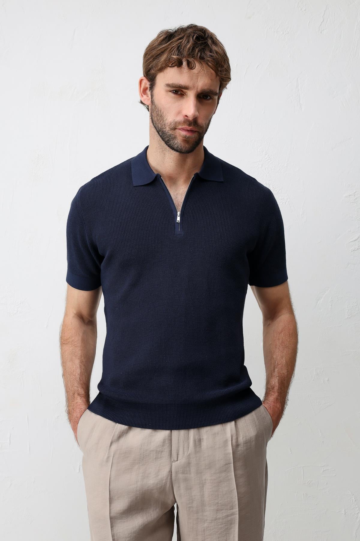 Antioch Lacivert Comfort Slim Fermuarlı Erkek Triko T-Shirt