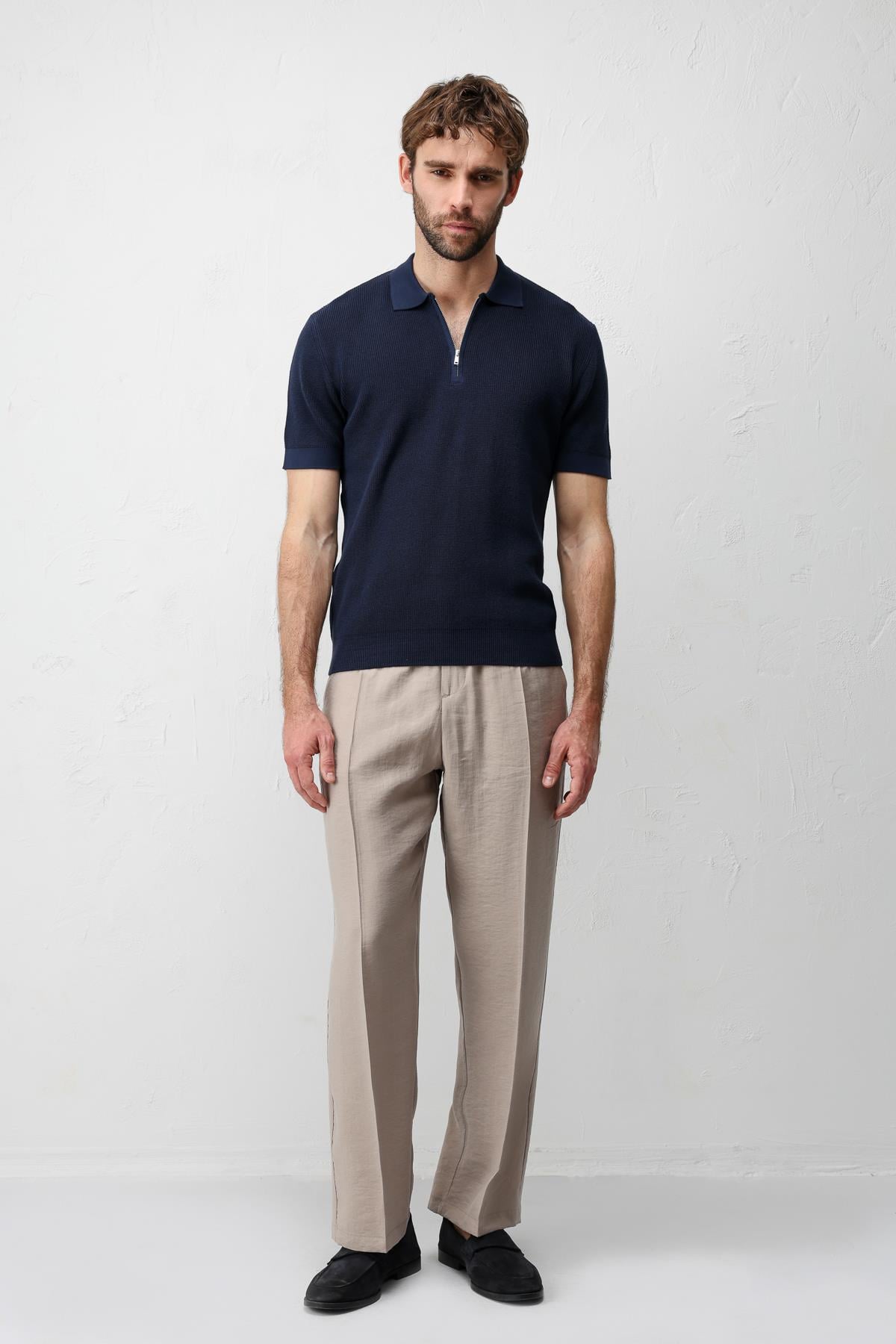 Antioch Lacivert Comfort Slim Fermuarlı Erkek Triko T-Shirt