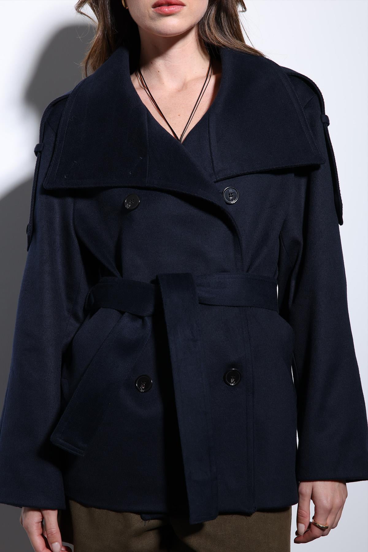 Antioch-Lacivert Dik Yaka Kruvaze Kadın Kaban-Kaban-4-Milagron.com