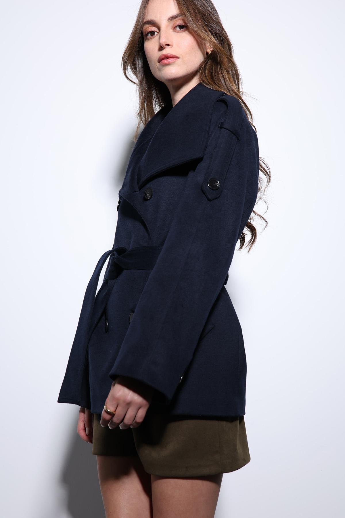 Antioch-Lacivert Dik Yaka Kruvaze Kadın Kaban-Kaban-5-Milagron.com