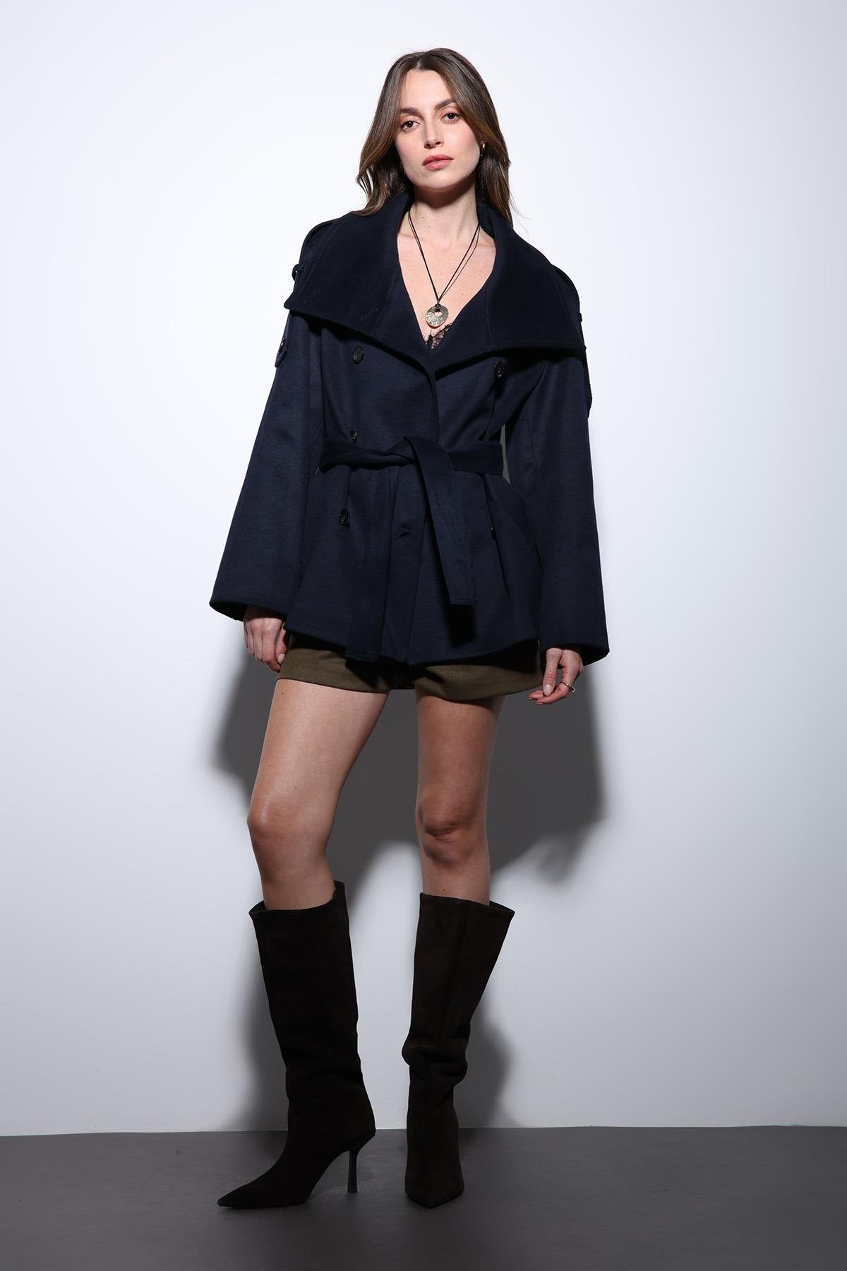 Antioch-Lacivert Dik Yaka Kruvaze Kadın Kaban-Kaban-7-Milagron.com