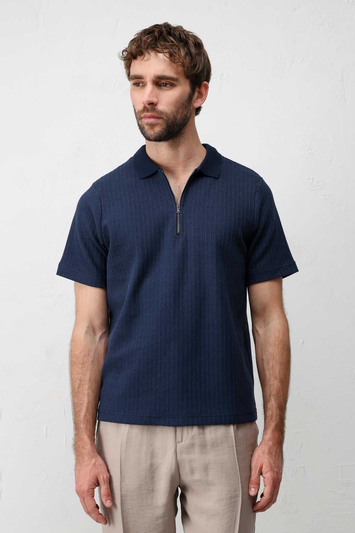 Antioch Lacivert Dokulu Örme Polo Yaka Erkek T-Shirt