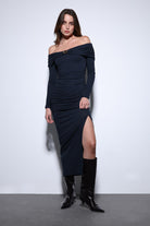 Antioch-Antioch Lacivert Drape Detaylı Aksesuarlı Elbise-Elbise-3-Milagron.com