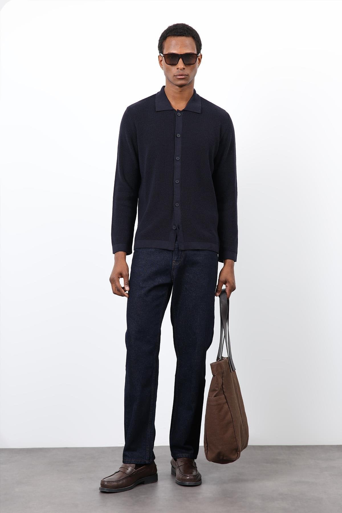 Antioch-Lacivert İnce örgü Triko Erkek Hırka-Hırka-1-Milagron.com