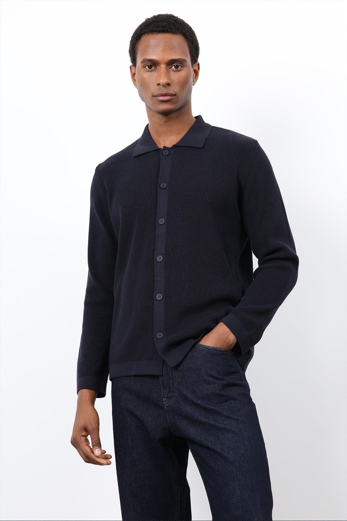 Antioch-Lacivert İnce örgü Triko Erkek Hırka-Hırka-3-Milagron.com