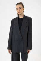 Antioch-Lacivert Kadın Çizgili Oversize Blazer Ceket-Ceket-3-Milagron.com