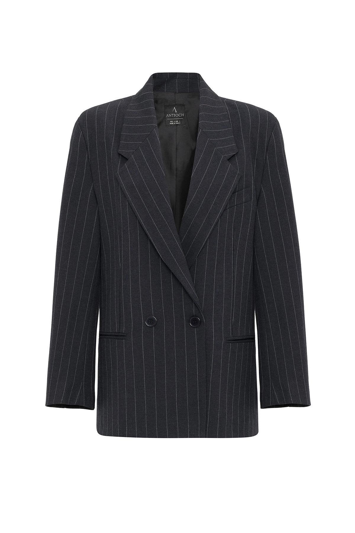 Antioch-Lacivert Kadın Çizgili Oversize Blazer Ceket-Ceket-6-Milagron.com