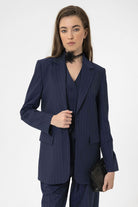 Antioch-Lacivert Kadın Tek Düğme Çizgili Blazer Ceket-Ceket-6-Milagron.com