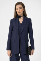 Antioch-Lacivert Kadın Tek Düğme Çizgili Blazer Ceket-Ceket-7-Milagron.com