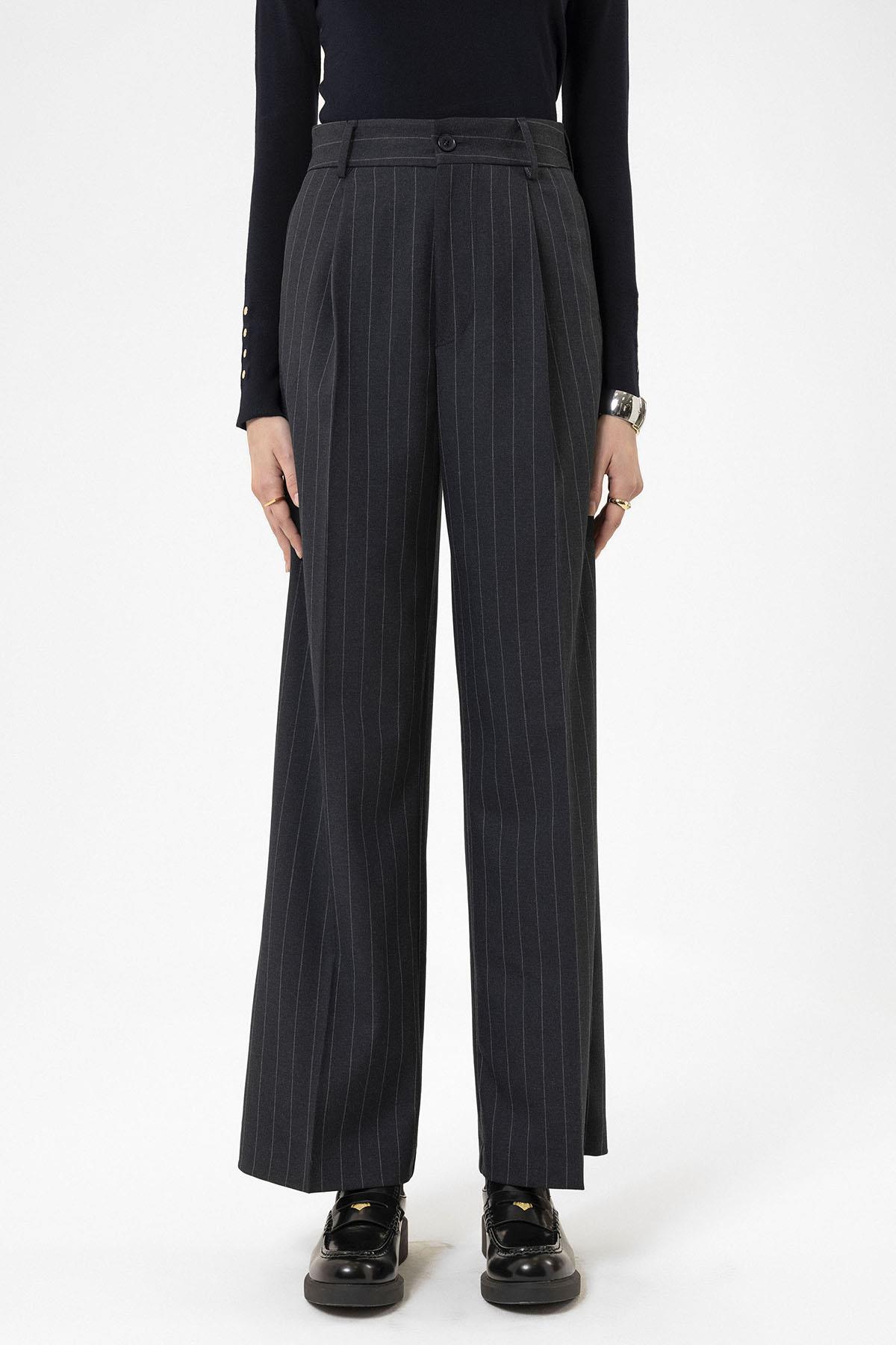 Antioch-Lacivert Kadın Yüksek Bel Pileli Çizgili Pantolon-Pantolon-1-Milagron.com