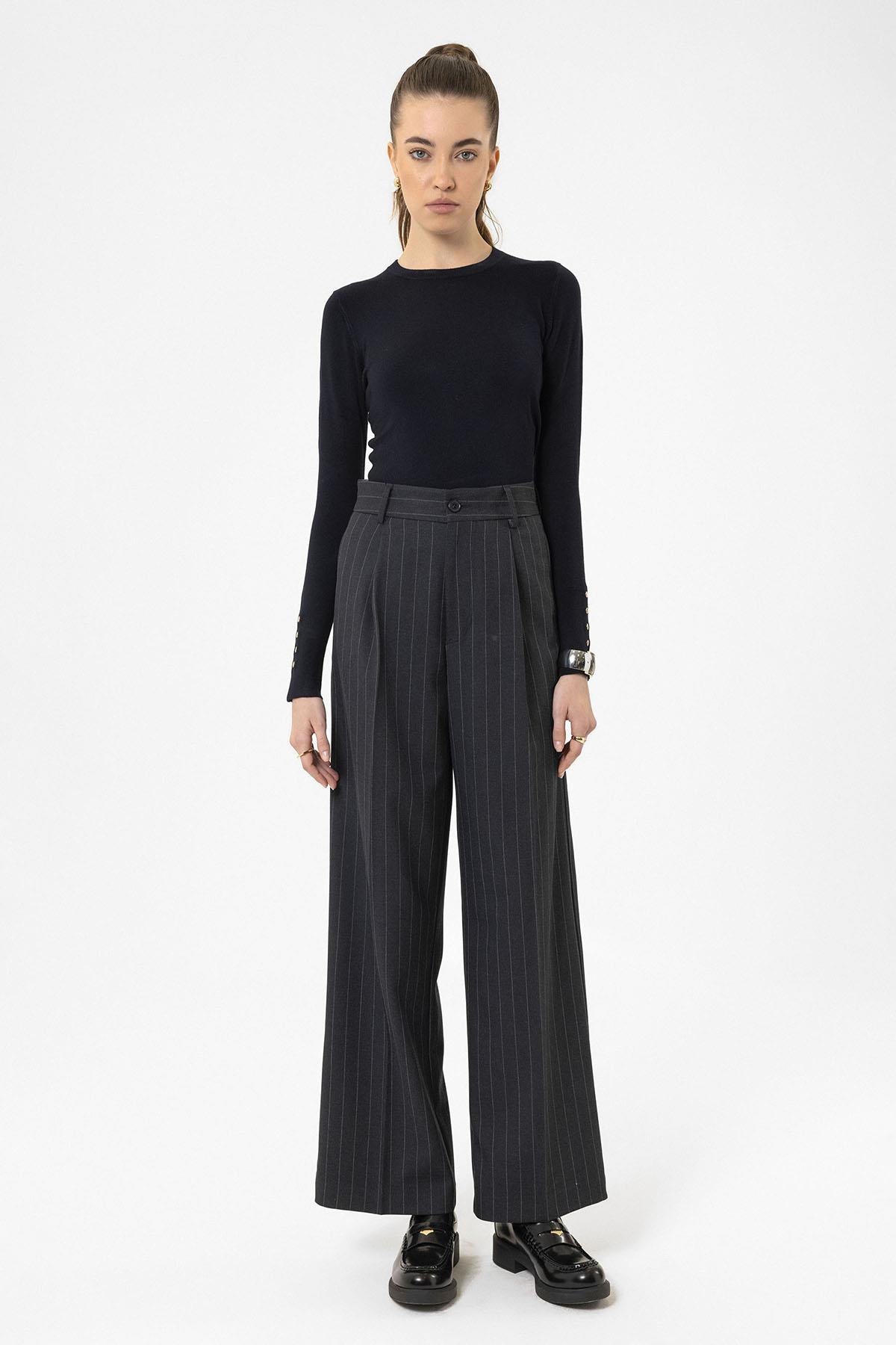 Antioch-Lacivert Kadın Yüksek Bel Pileli Çizgili Pantolon-Pantolon-2-Milagron.com