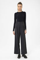 Antioch-Lacivert Kadın Yüksek Bel Pileli Çizgili Pantolon-Pantolon-2-Milagron.com