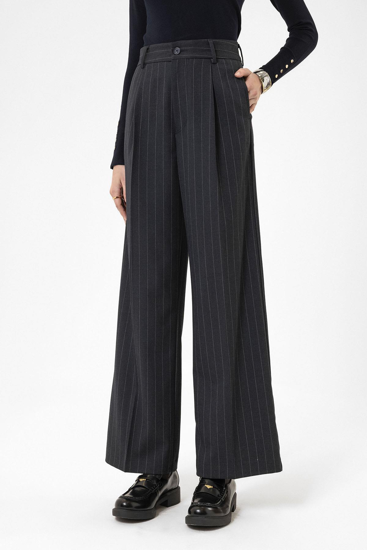 Antioch-Lacivert Kadın Yüksek Bel Pileli Çizgili Pantolon-Pantolon-4-Milagron.com