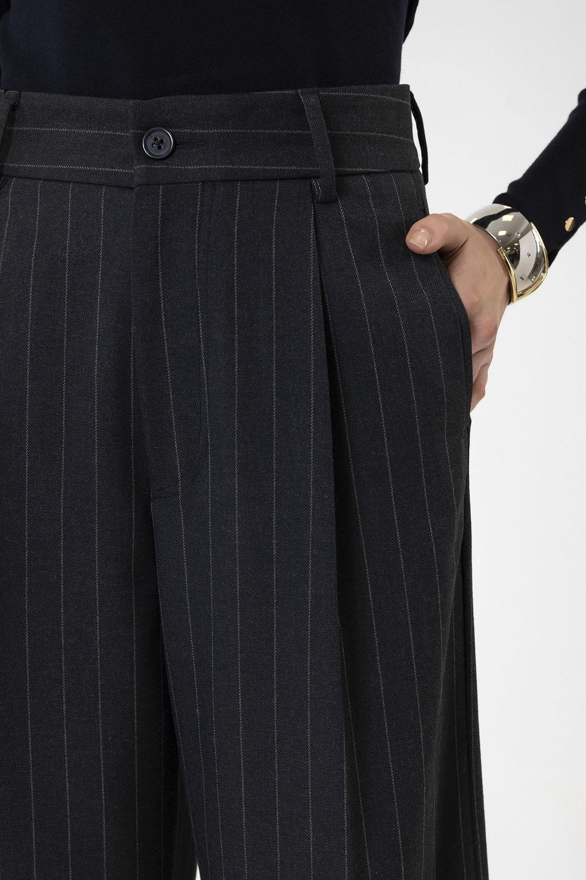 Antioch-Lacivert Kadın Yüksek Bel Pileli Çizgili Pantolon-Pantolon-5-Milagron.com