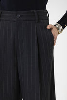 Antioch-Lacivert Kadın Yüksek Bel Pileli Çizgili Pantolon-Pantolon-5-Milagron.com