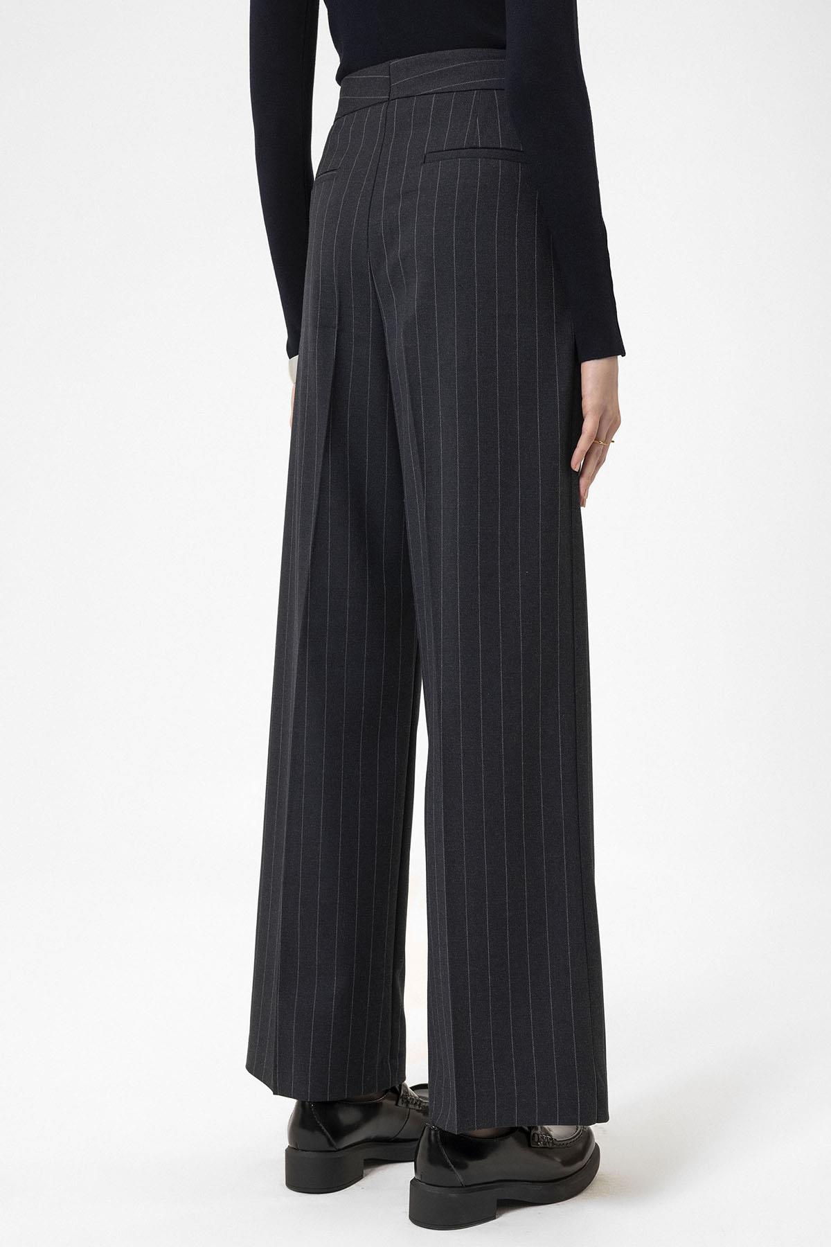 Antioch-Lacivert Kadın Yüksek Bel Pileli Çizgili Pantolon-Pantolon-6-Milagron.com