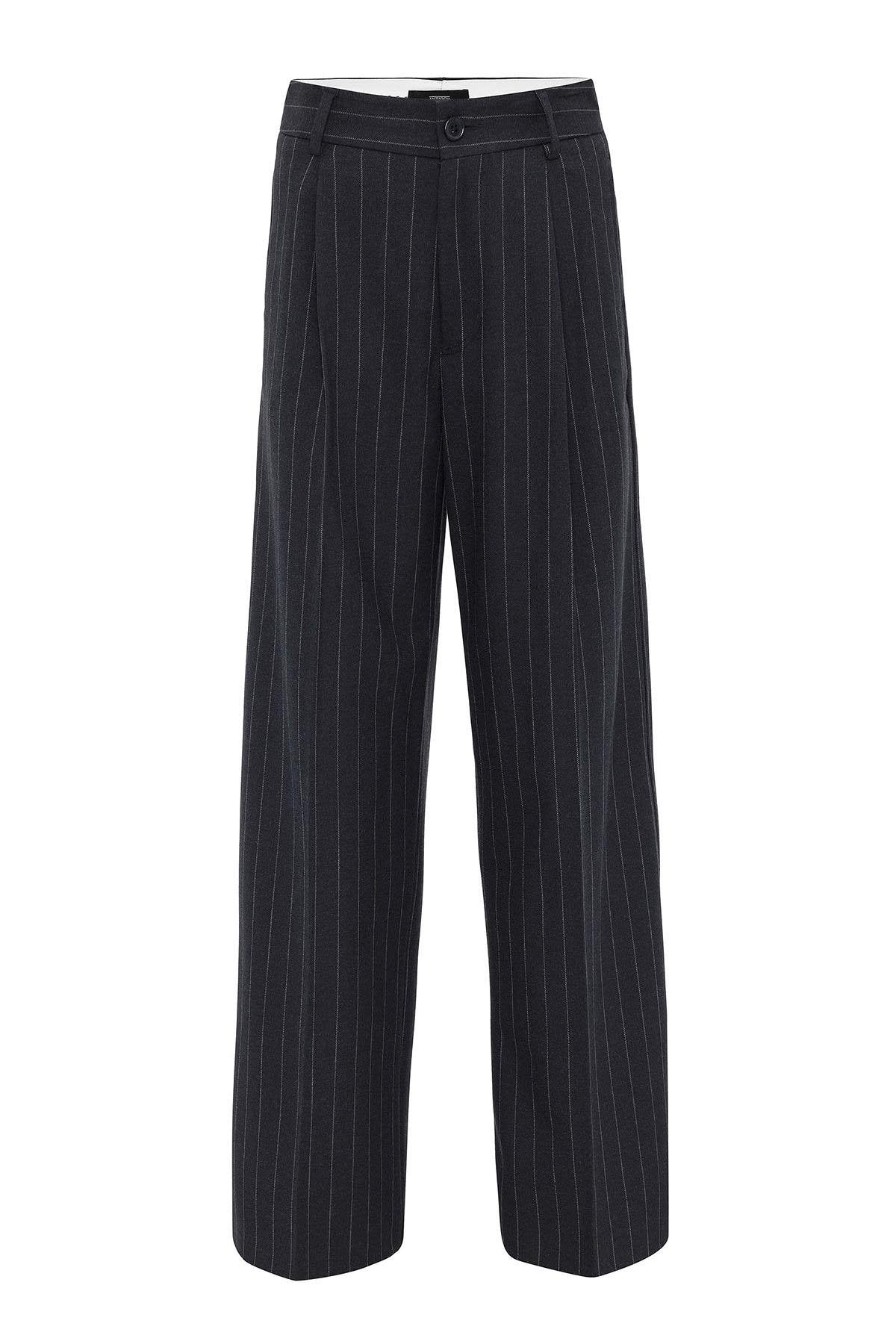 Antioch-Lacivert Kadın Yüksek Bel Pileli Çizgili Pantolon-Pantolon-7-Milagron.com