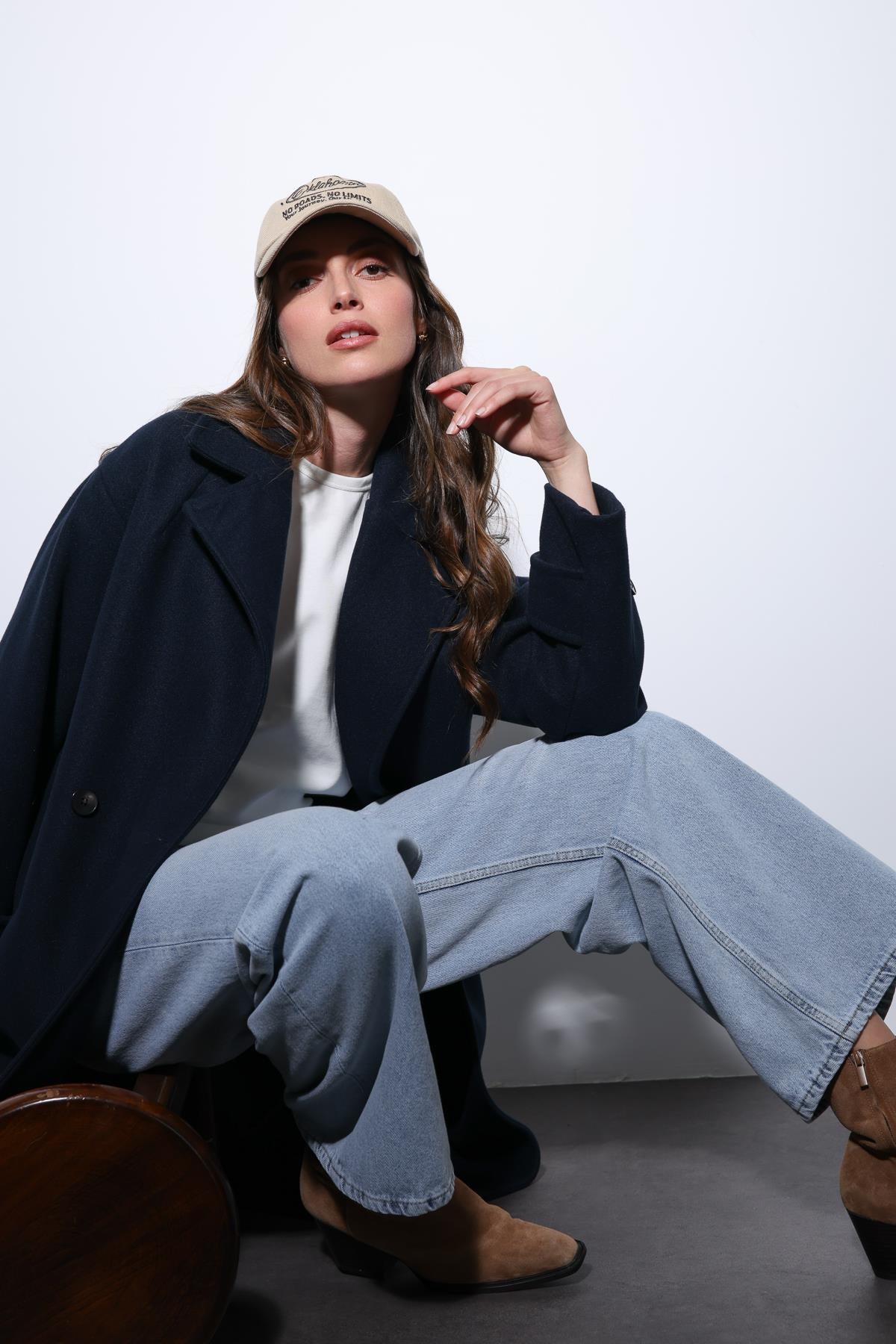 Antioch-Lacivert Kadın Yumuşak Dokulu Oversize Kruvaze Kaban-Kaban-8-Milagron.com