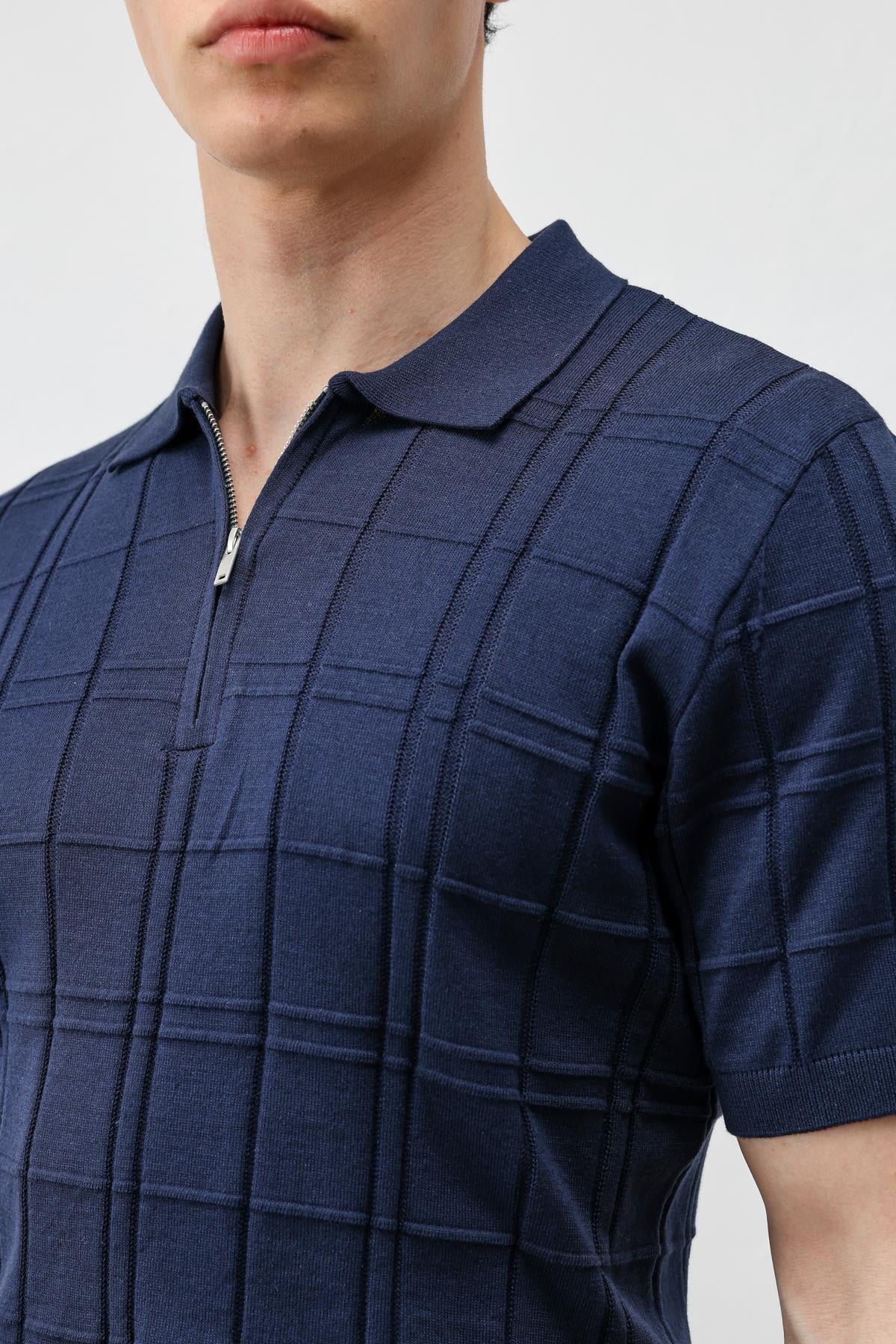 Antioch Lacivert Kareli Desenli Erkek Triko T-Shirt