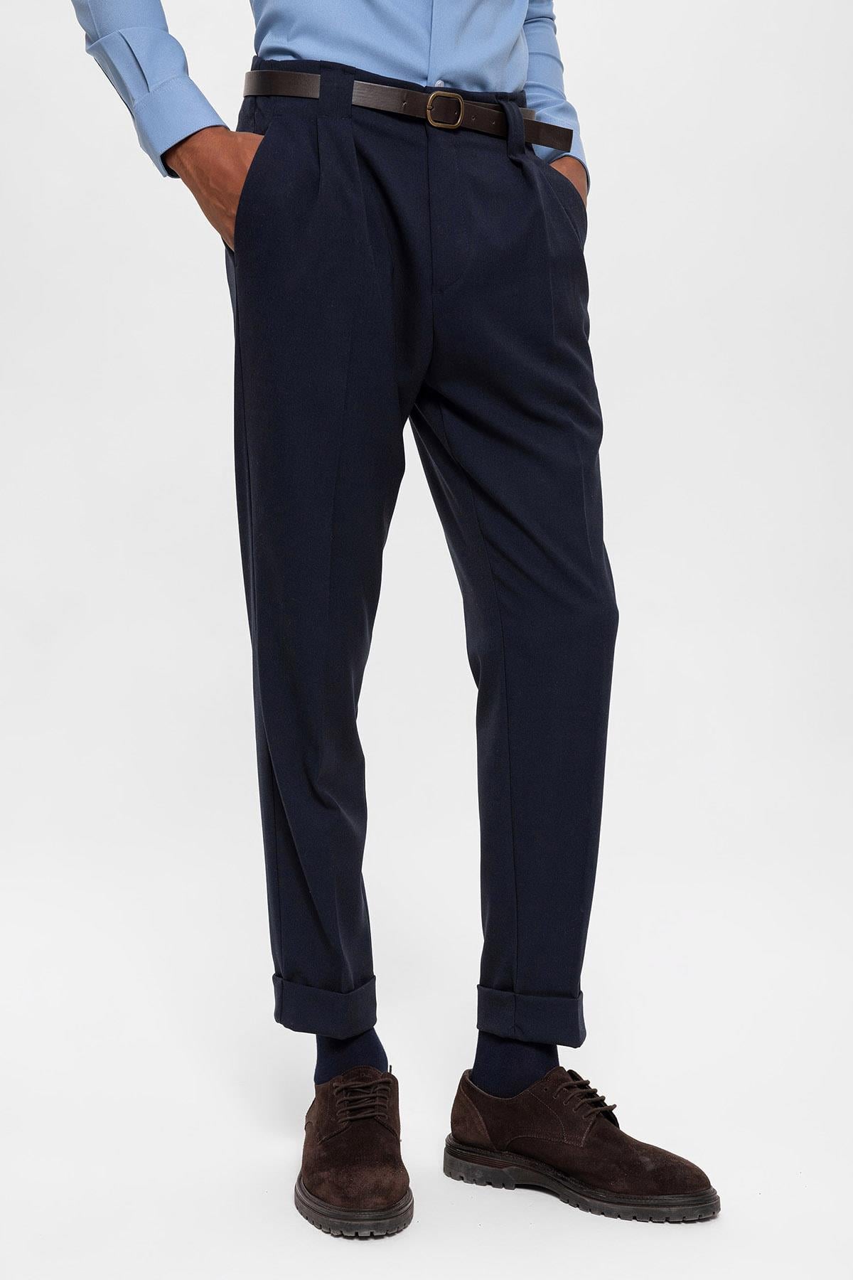 Antioch Lacivert Kemerli Double Paça Pantolon