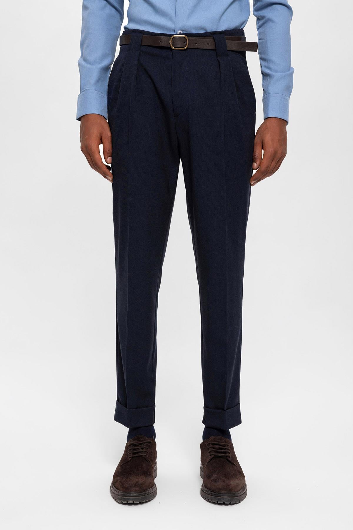Antioch Lacivert Kemerli Double Paça Pantolon