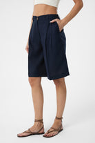 Antioch-Lacivert Keten Karışımlı Kadın Bermuda-Şort-1-Milagron.com