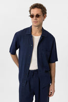 Antioch-Lacivert Keten Karışımlı Kısa Kollu Erkek Gömlek-Gömlek-3-Milagron.com