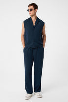 Antioch-Lacivert Keten Karışımlı Kolsuz Erkek Gömlek-Gömlek-2-Milagron.com