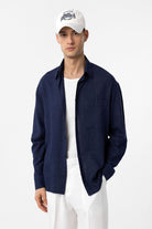 Antioch-Lacivert Keten Karışımlı Relax Fit Erkek Gömlek-Gömlek-1-Milagron.com